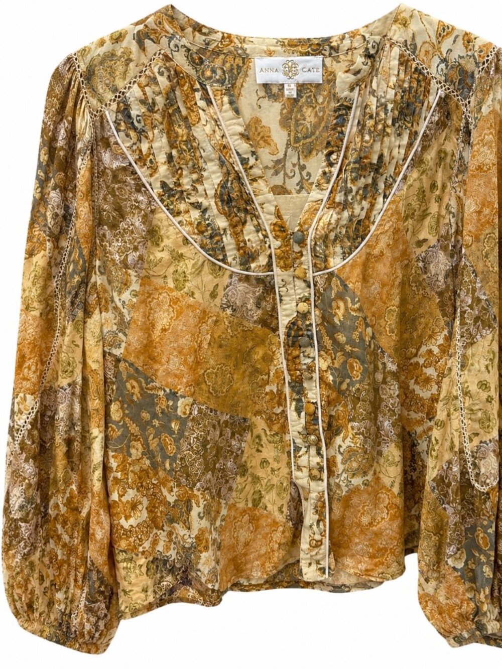 Anna Cate Floral Patchwork Blouse M Paisley Pintuck Balloon Sleeve Boho Top